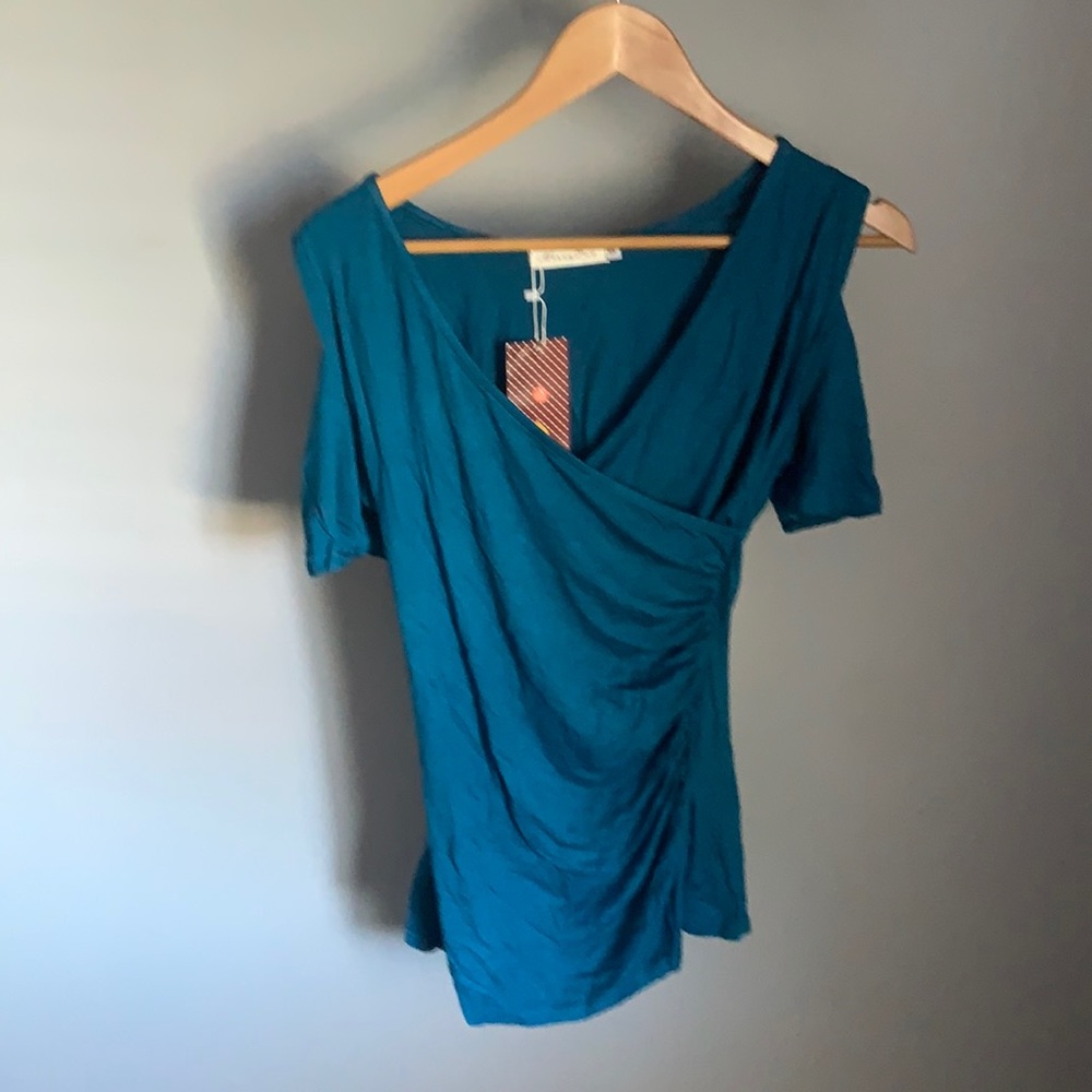 NWT Merryfun Blue Cold Shoulder Fitted Cross Over Top